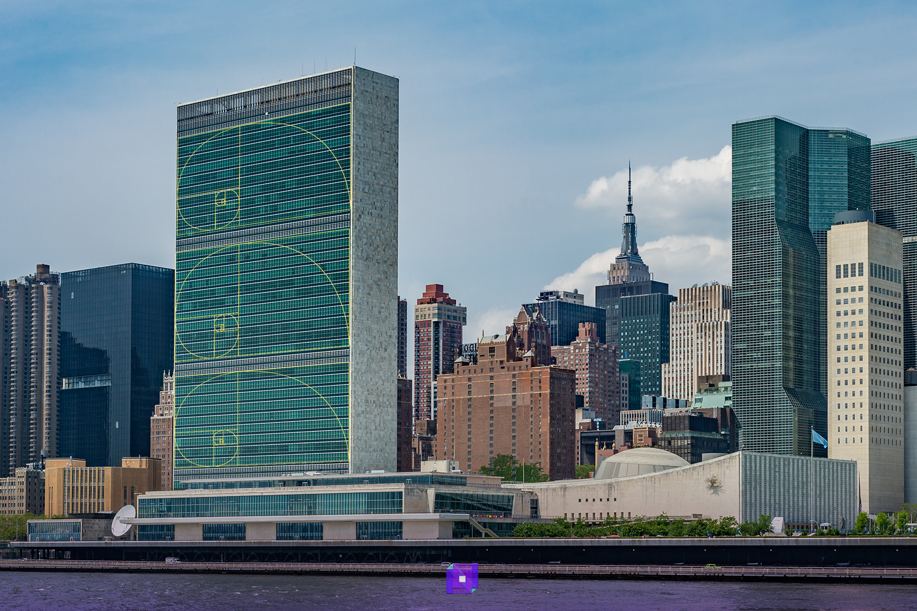 United Nations building with golden spiral overlay