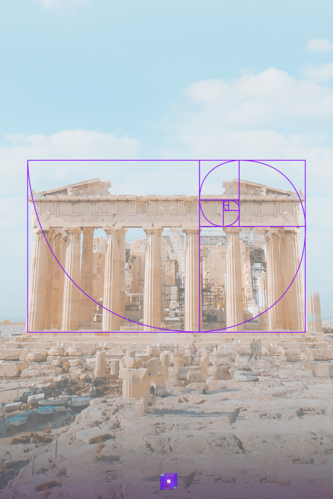 Parthenon with golden ratio spiral overlay