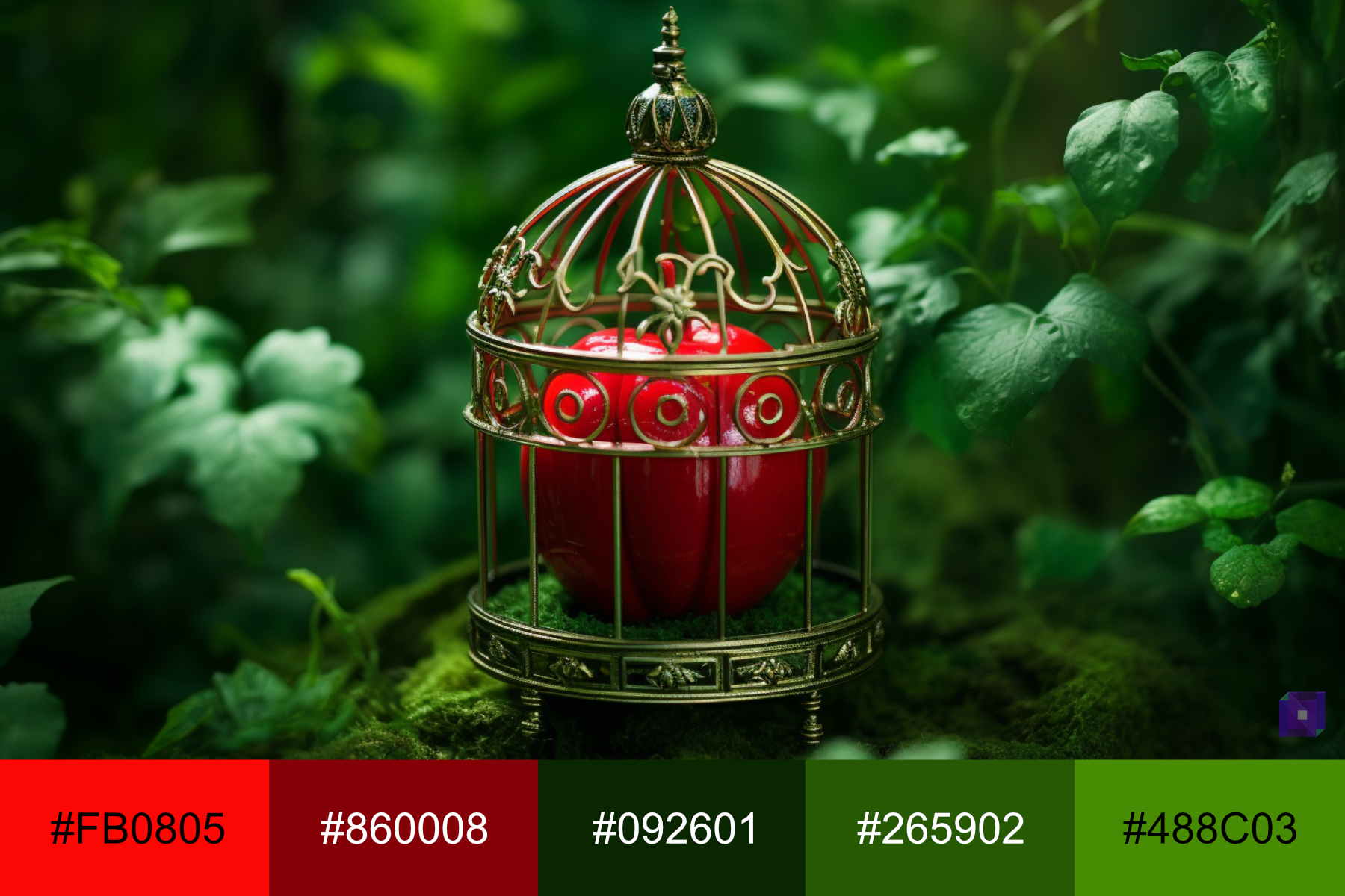 A vibrant red apple pops out from the green background due to the complementary color scheme of greens and red.