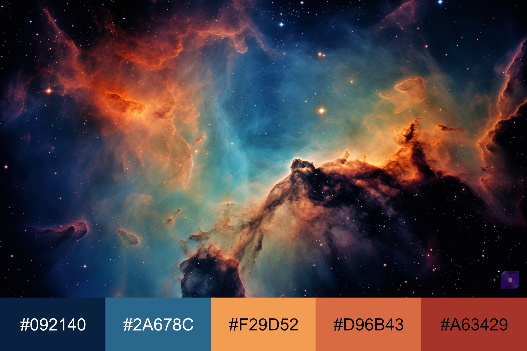 A spit-complementary color scheme with blues and oranges in a space composition.