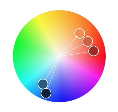 Split-complementary color scheme of blues and oranges on the color wheel.