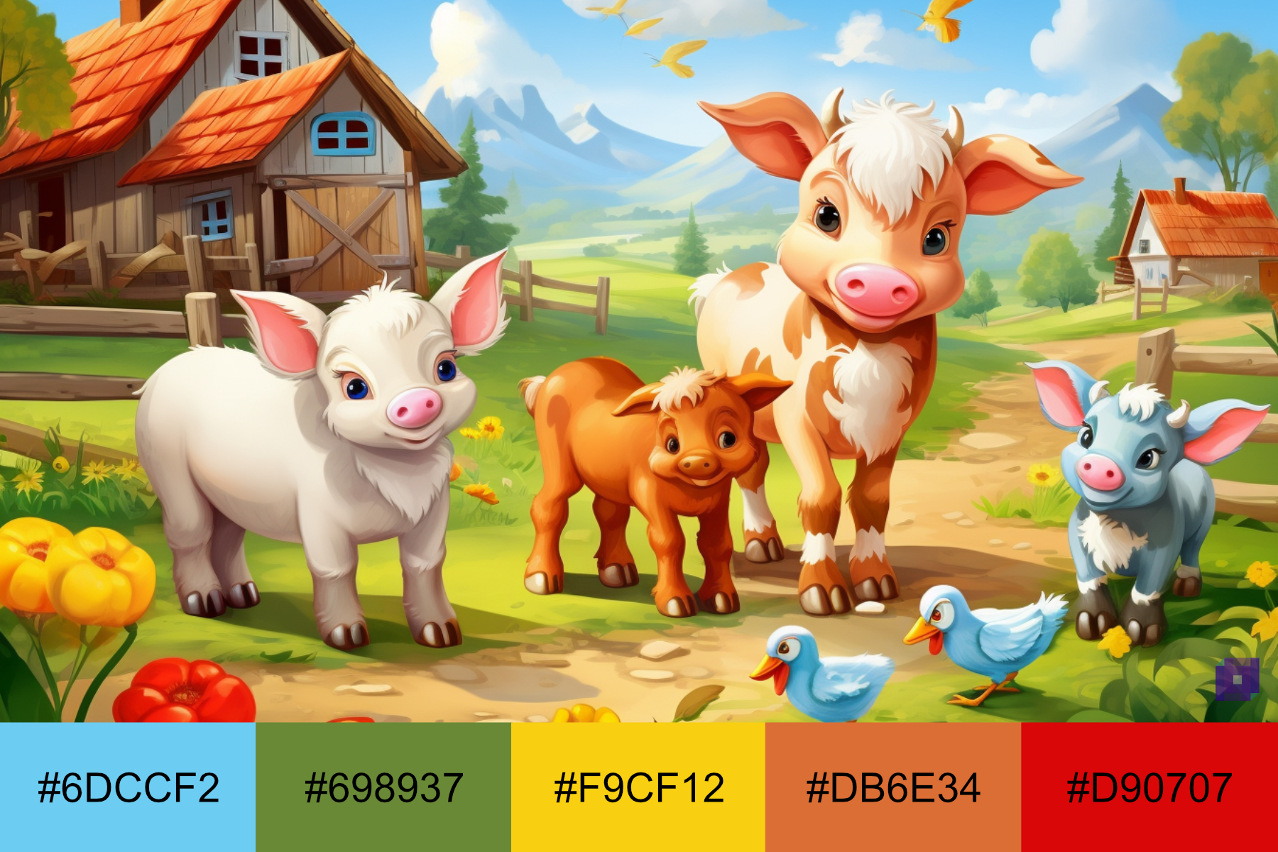 A tetradic color scheme of blues, reds, greens, and oranges in a cute animal farm composition.