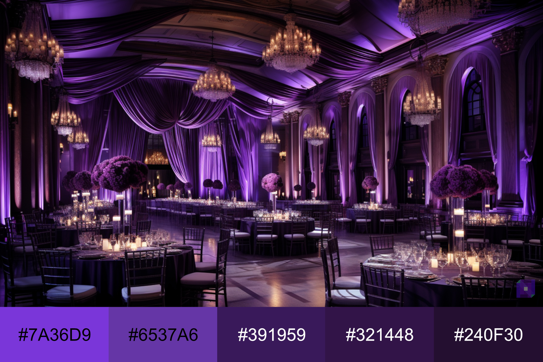 A luxurious banquet hall with tones of purple.